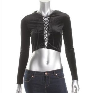 iHeartRaves Black Lace Up Velvet Crop Top
